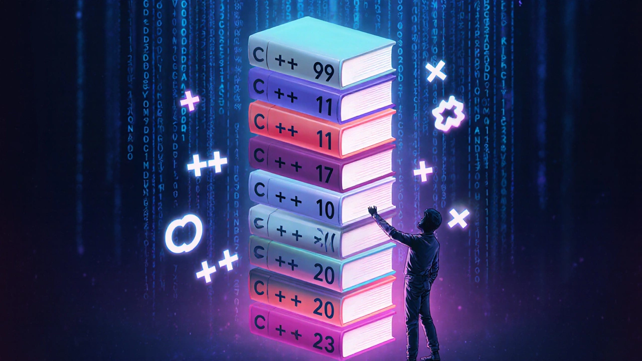 Digital art of floating books representing C++ standards with glowing symbols.