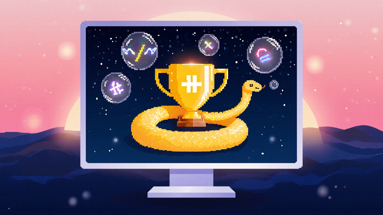 Игра «Snake», трофей и символы C++20, символизирующие завершение проекта.