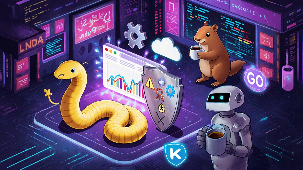 Иллюстрация: змей‑Python, браузер‑JavaScript, металлический щит‑Rust, гофр‑Go, робот‑Kotlin.
