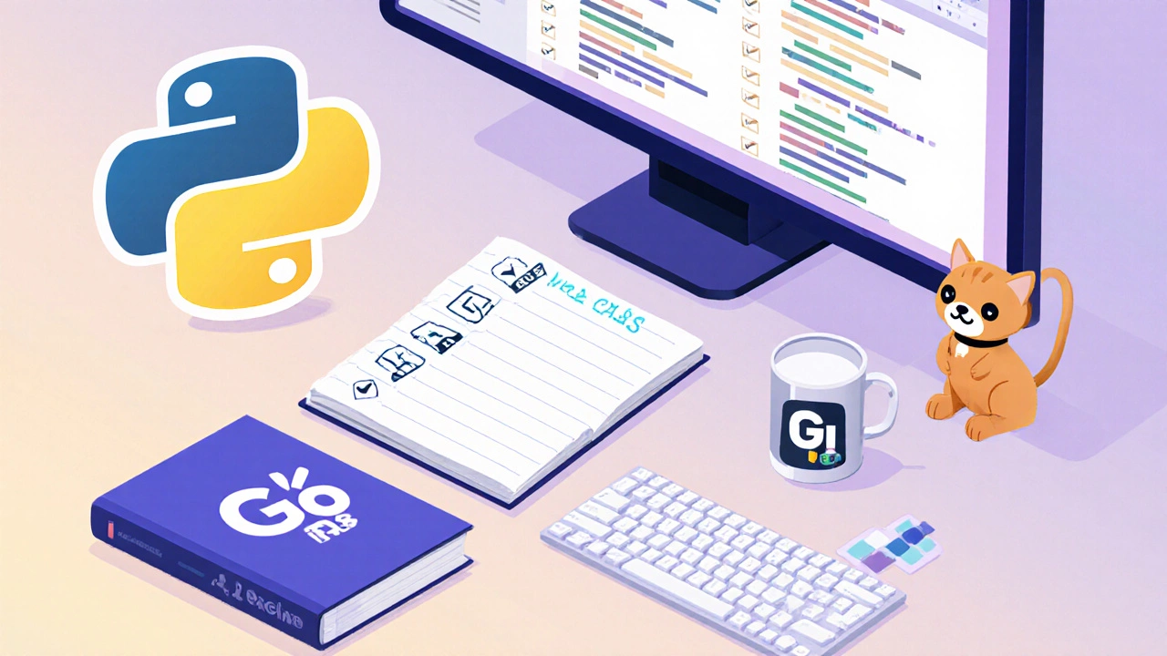 Изиометрический набор рабочего стола с книгами, логотипами Python, JavaScript и Go, мониторами Git.