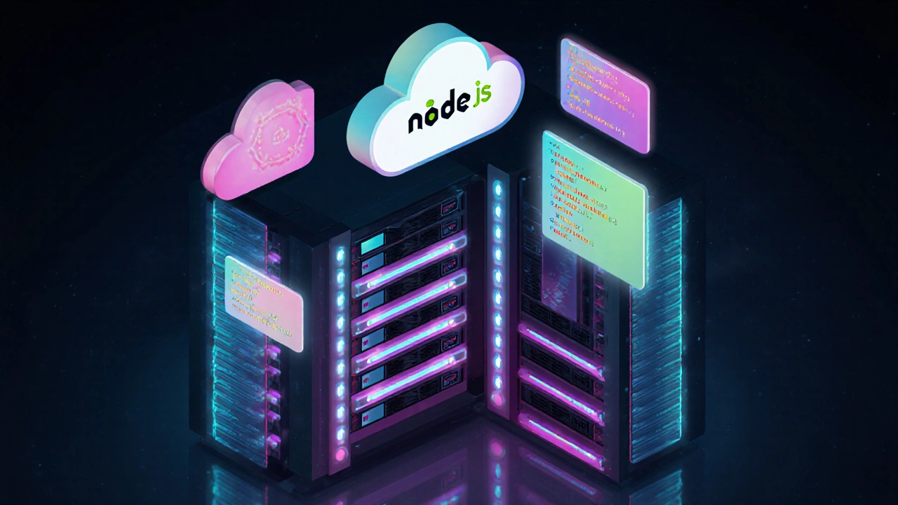 Изометрический дата‑центр с серверами Node.js, плавающими кодовыми фрагментами и облачными иконками.