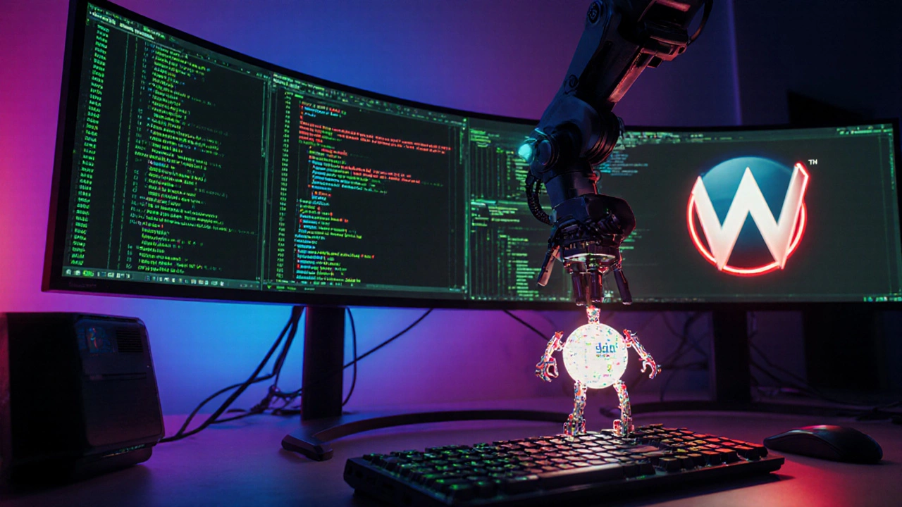 Кинематографический цифровой арт рабочего места разработчика с IDE, Git и роботом из кода.