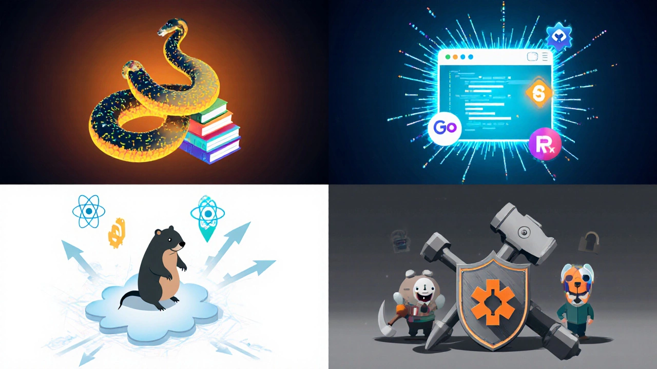 Коллаж: Python для ИИ, JavaScript для веба, Go и Rust для облака и безопасности.