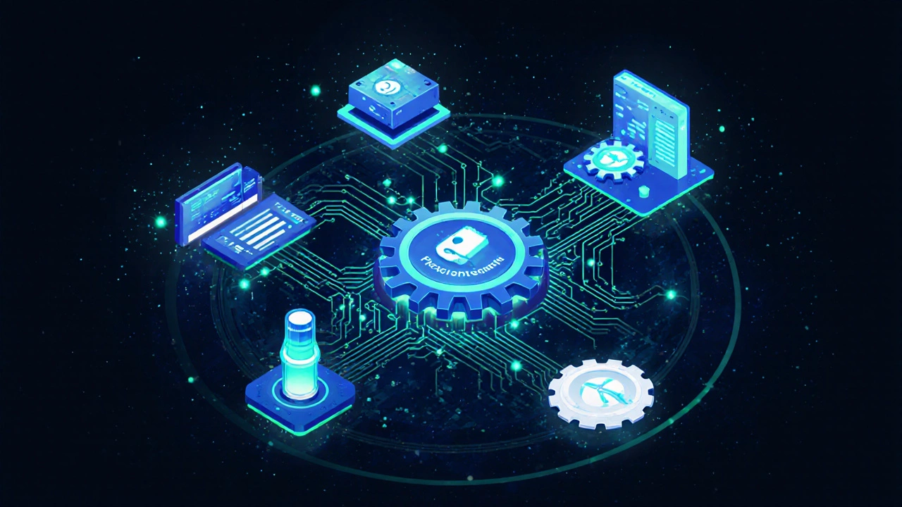 Концептуальная схема экосистемы разработки ПО: пять взаимосвязанных инструментов в виде светящихся шестерёнок.