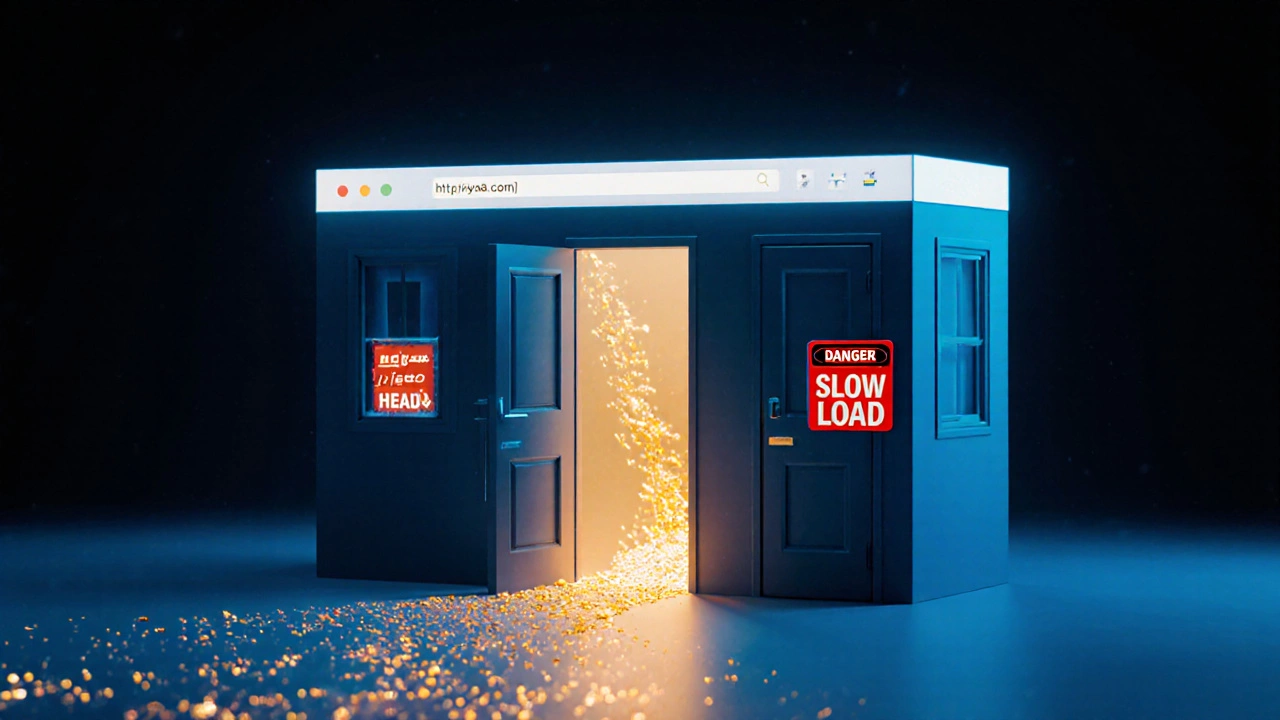 Концептуальное изображение сайта как дома: скрипт входит через дверь footer, а head закрыта предупреждением.