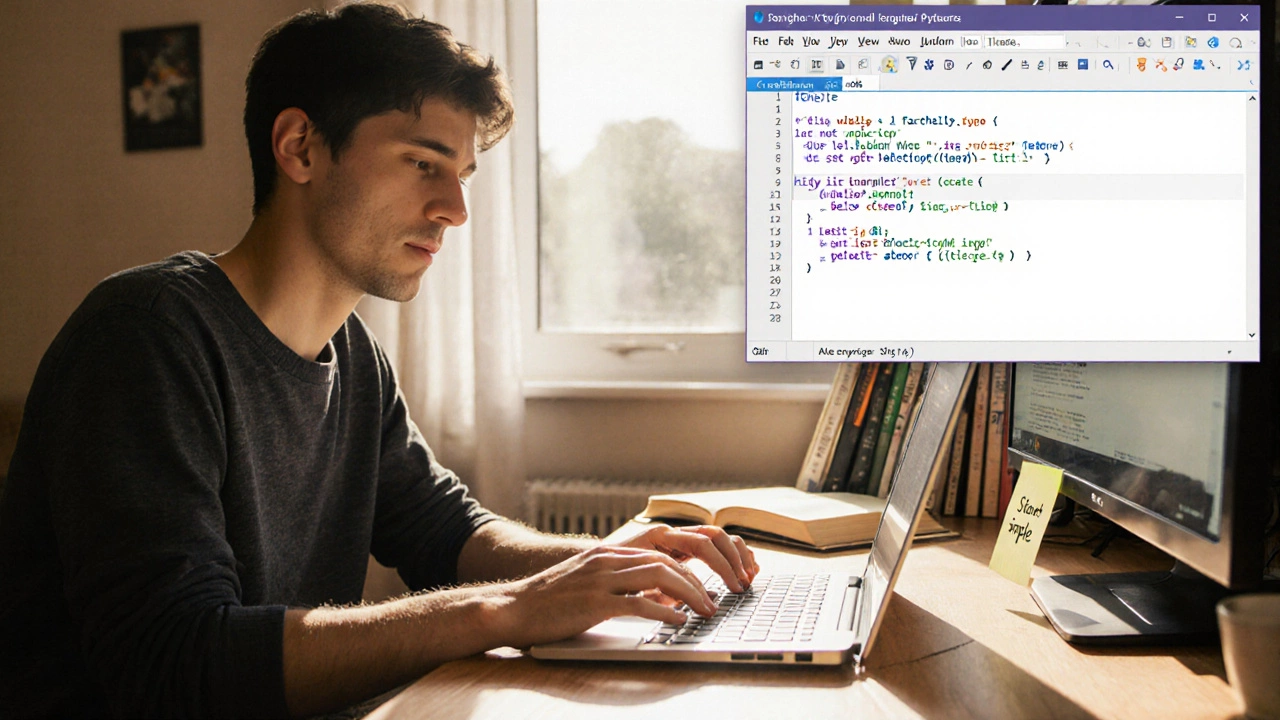 Новичок пишет первый скрипт в VS Code, в терминале видна команда git commit, за окном — солнечный свет.