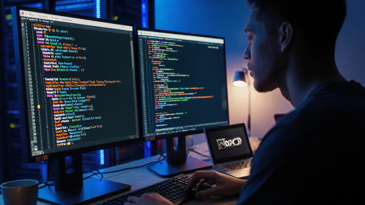 Photorealistic developer workstation showing GCC and Clang compiling C++ code.
