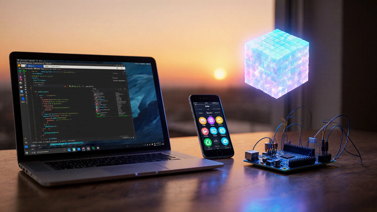 Рабочее место с ноутбуком Electron, смартфоном React Native и платой Espruino, над ними вращающийся куб Three.js.