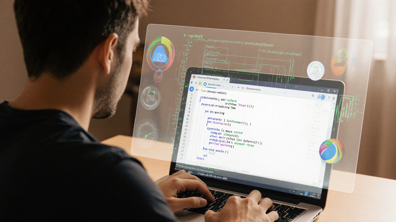 Разработчик смотрит на простой скрипт кнопки 'Наверх' с метриками производительности.