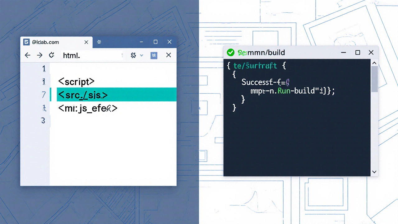 Редактор кода с тегом <script src="src/js/main.js" defer>, рядом терминал с командой сборки.