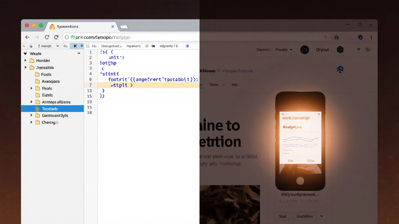 Редактор темы WordPress с вставленным скриптом в footer.php и работающий чат-бот на мобильном устройстве.