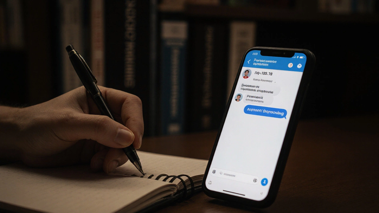 Рука пишет правильный термин рядом с ошибкой в чате, с предупреждением и книгами на фоне.