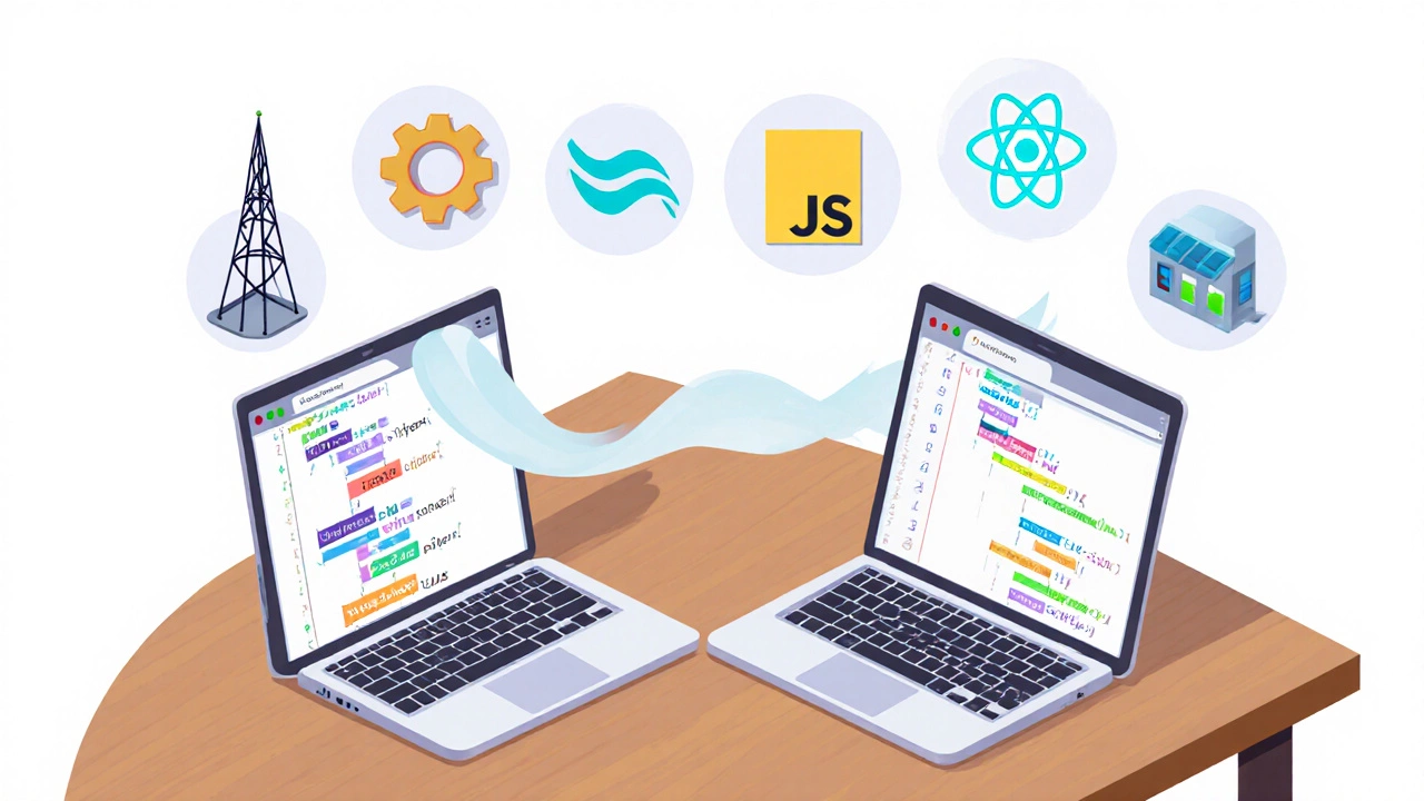 Стол с двумя ноутбуками и иконками, показывающими различия Java и JavaScript.