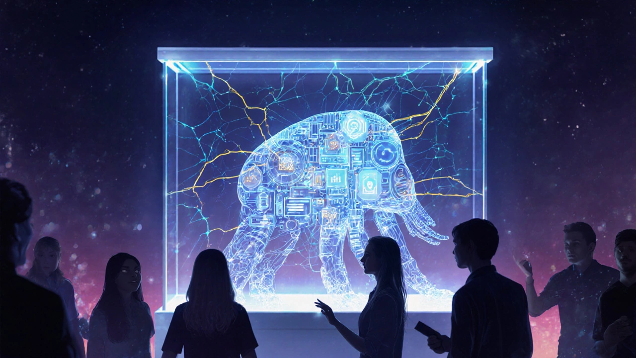 Цифровой организм программного обеспечения с видимыми модулями иRepair-нитями, символизирующими обновления.