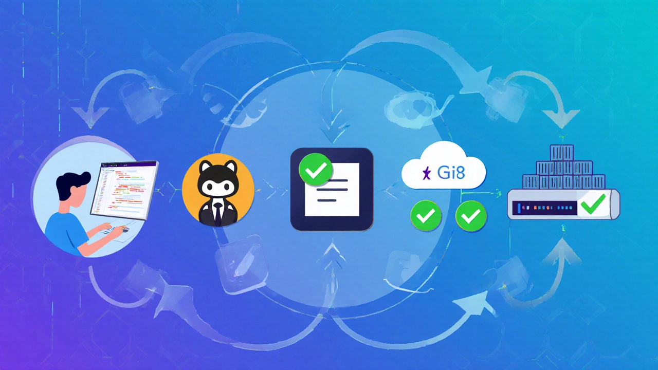 Цикл разработки ПО: код → Git → тесты → Docker → сервер, показанный стрелками.