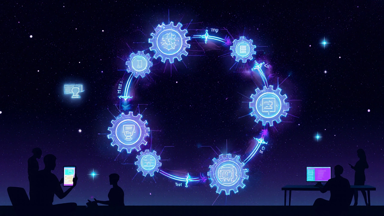 Цикл жизненного цикла программного обеспечения: идея, код, тест, обновление — в виде цифровых шестерёнок.