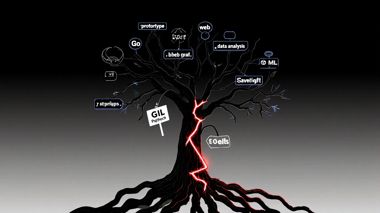 Дерево кода, где Python-ветви трескаются и переходят в Go, Rust и Java, символизируя масштабирование