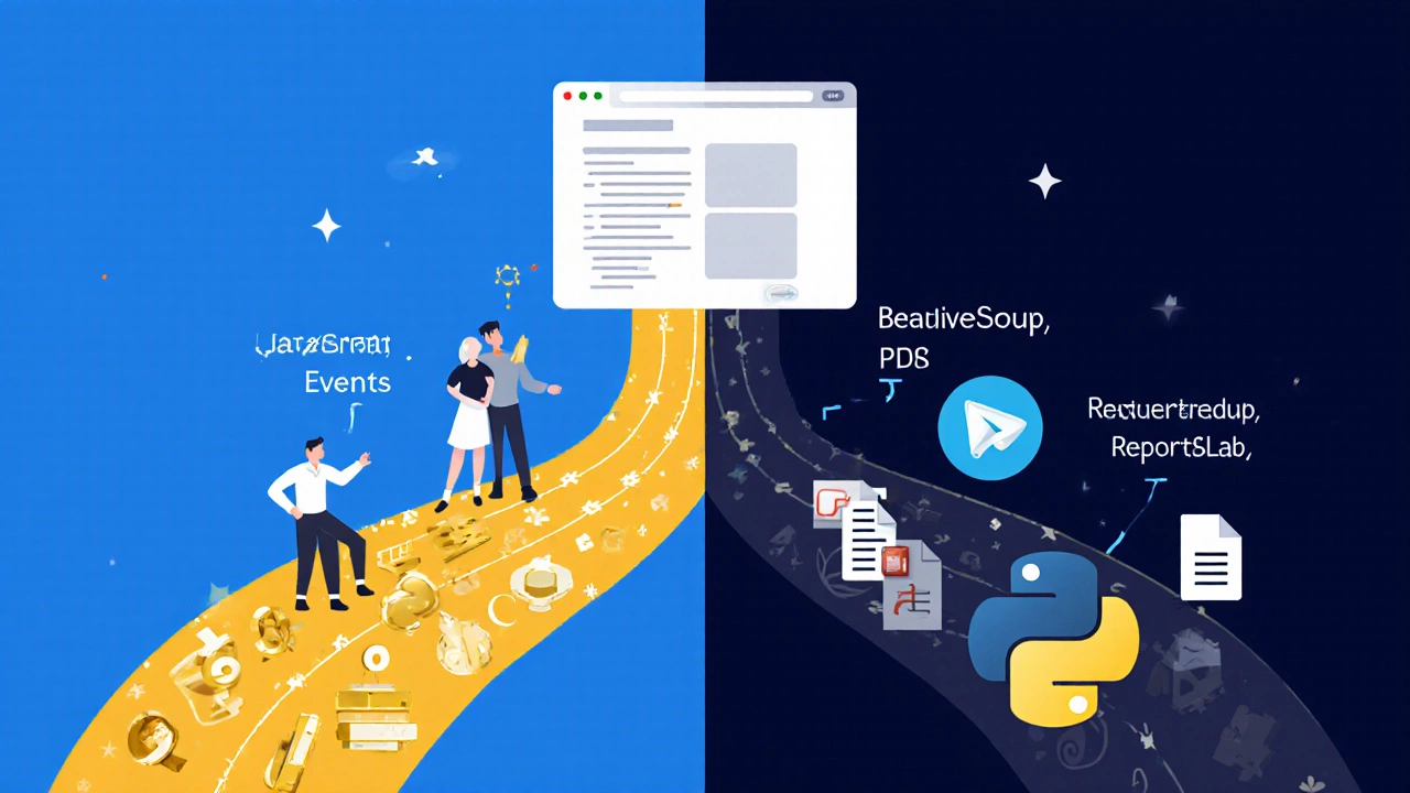 Два пути от веб-сайта: один — JavaScript для браузера, другой — Python для сервера, в стиле векторной иллюстрации.