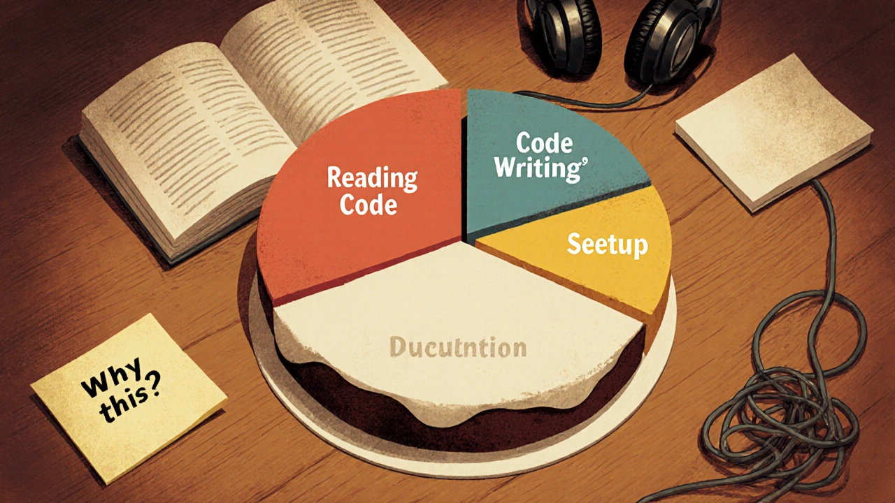 Круговая диаграмма в виде торта, где лишь маленький кусочек — это написание кода, остальное — общение, настройка и документация.