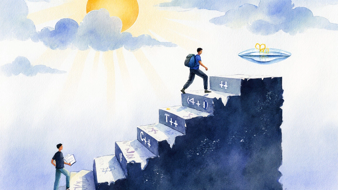 Лестница из языков программирования ведет в туман, где новички стоят у основания с Python.