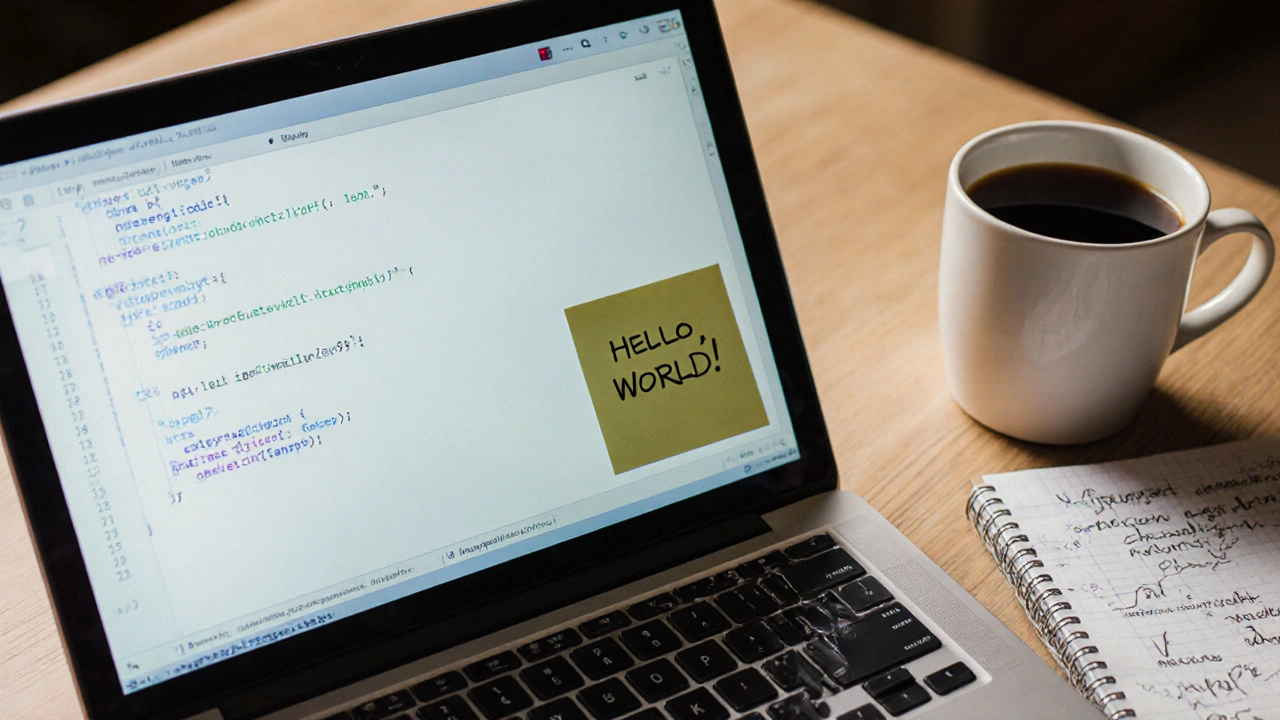 Новичок пишет первый код на ноутбуке, рядом чашка кофе и записки с заметками.