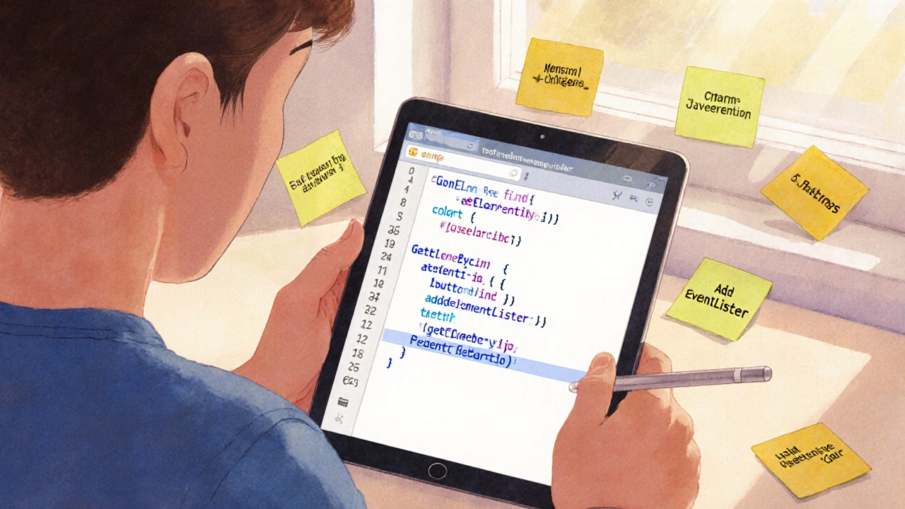 Новичок учится писать скрипты, на планшете — простой код, меняющий цвет кнопки, вокруг — заметки с ключевыми терминами.