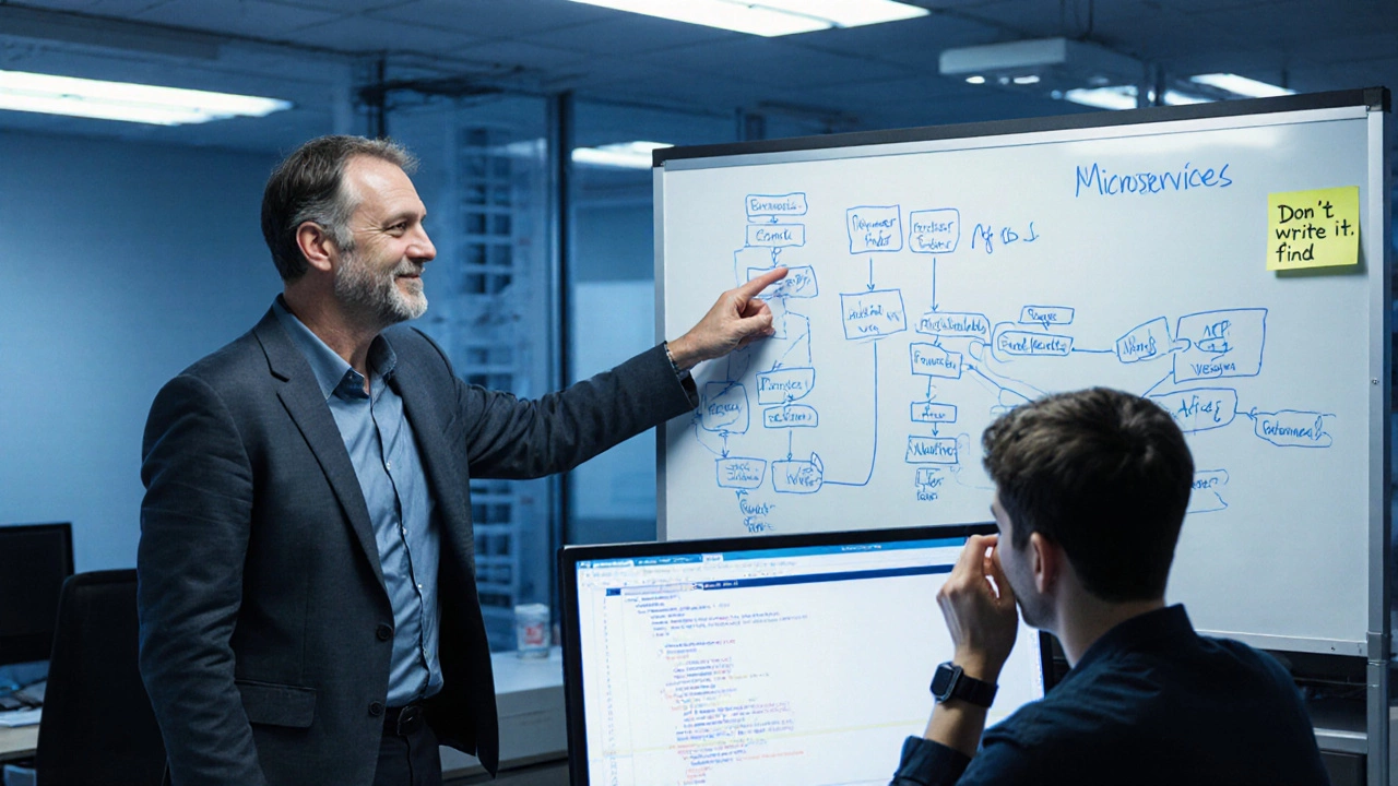 Опытный разработчик объясняет сложную архитектуру молодому коллеге, на белой доске — схемы сервисов и зависимостей.