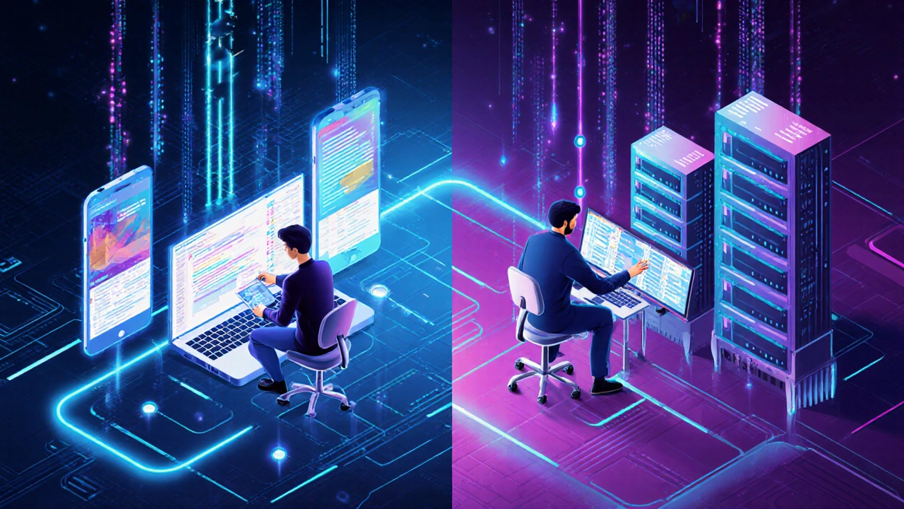 Разделённый экран: фронтенд-разработчик создаёт интерфейс, бэкенд-инженер управляет серверами — данные соединяют их.