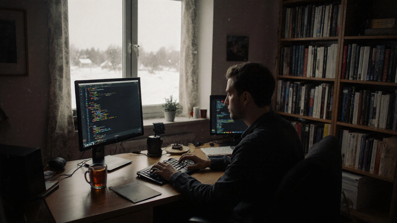 Разработчик работает удалённо в маленьком городе, за окном снег, на столе чашка чая и два монитора с кодом.