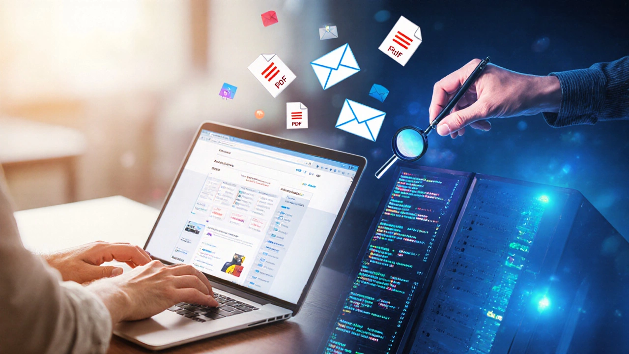Рука печатает JavaScript на ноутбуке, а на фоне сервер обрабатывает данные Python-скриптами с визуализацией файлов и уведомлений.