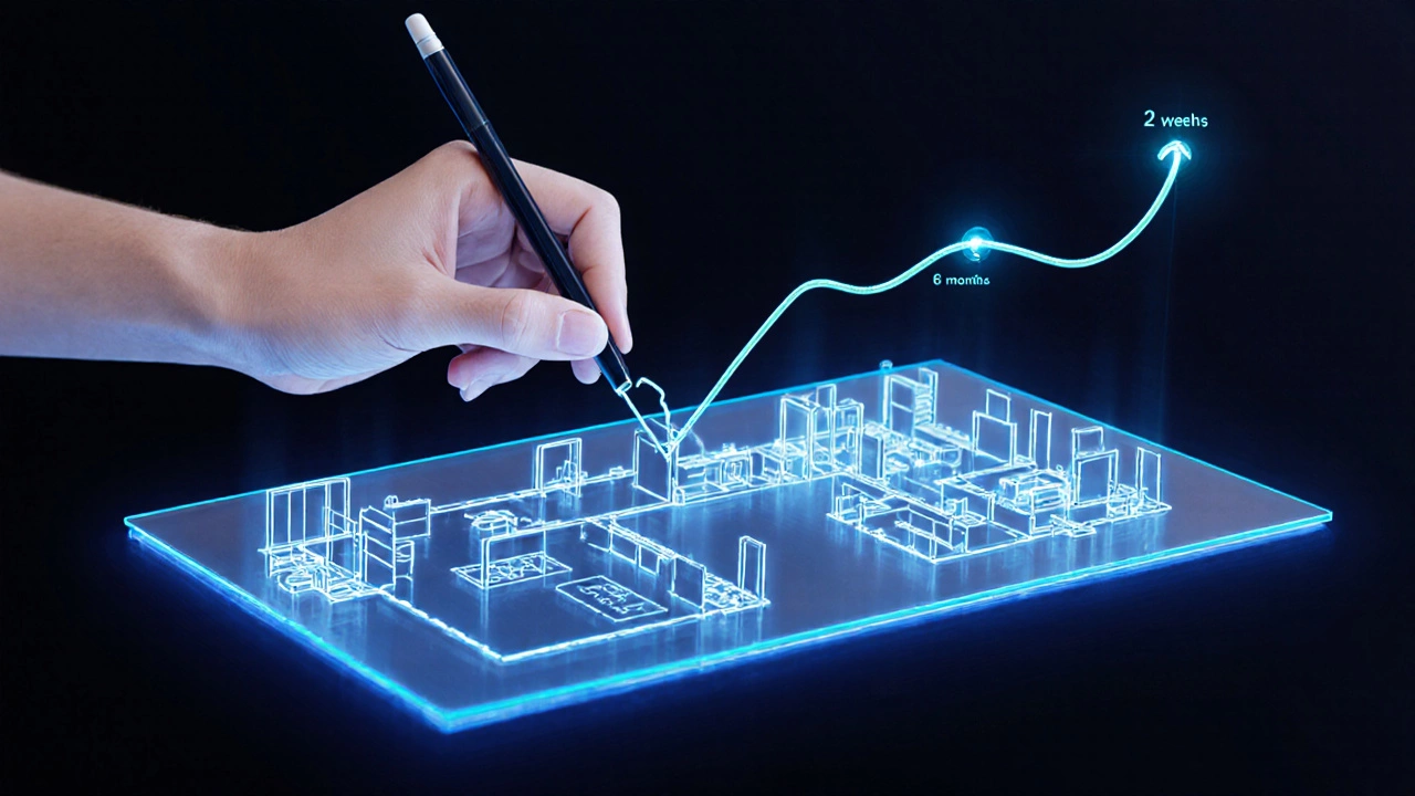 Рука рисует линию, которая превращается в полный архитектурный чертеж с течением времени.