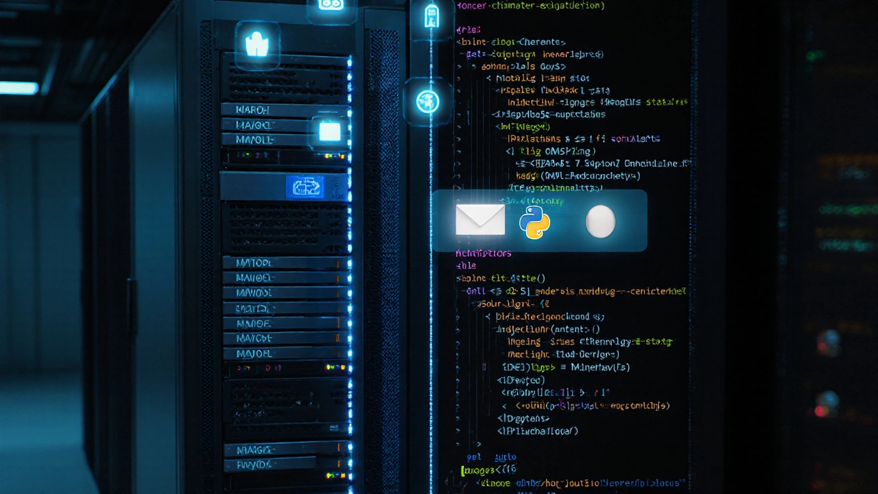 Сервер с PHP и Python-скриптами обрабатывает данные, базу и загруженные файлы, в фоне — светящиеся потоки информации.