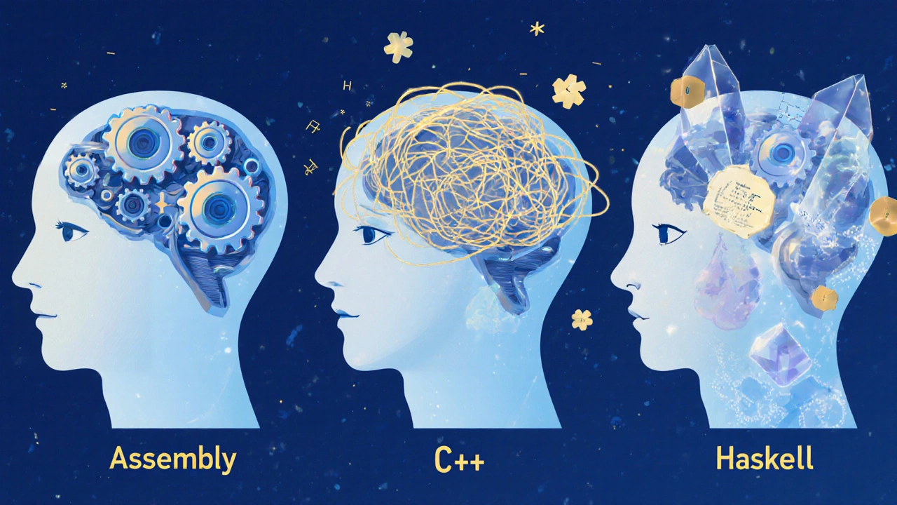 Три абстрактных разума, представляющих Assembly, C++ и Haskell, соединены с человеческими силуэтами в сюрреалистичной сцене.