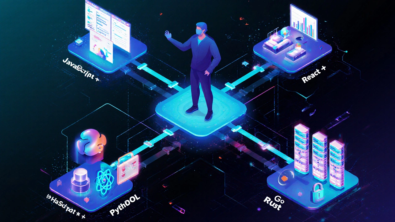 Три технологических пути: JavaScript, Python и Go/Rust, визуализированные как разветвленные пути с иконками.