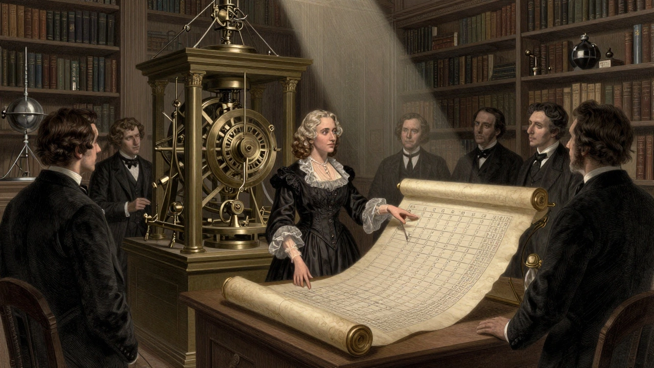 Ада Лавлейс в библиотеке показывает первую программу на свитке, вокруг неё — скептически настроенные учёные.