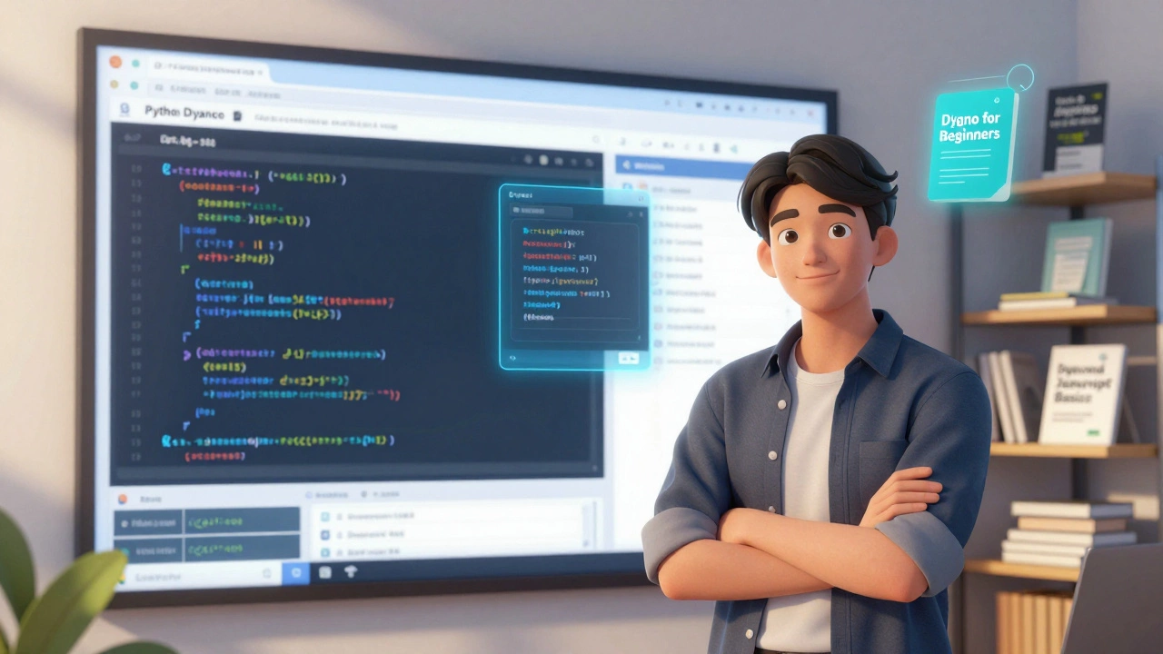 Человек смотрит на панель Django с летающими фрагментами кода, символизируя обучение программированию.