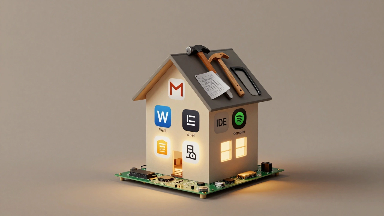 Дом с фундаментом из процессоров, стенами из приложений и крышей из инструментов разработки, символизирующий структуру ПО.