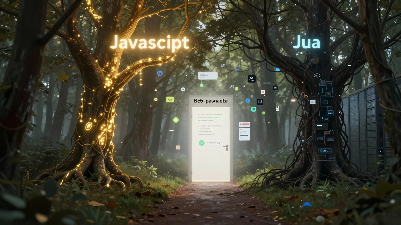 Дорога к веб-разработке: светлый путь JavaScript ведёт к двери, тёмный путь Java теряется в тумане.