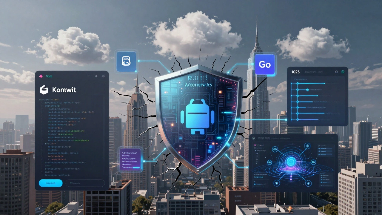 Футуристическая сцена с Kotlin, Rust, JavaScript и Go, символизирующая экосистему программирования 2025 года.