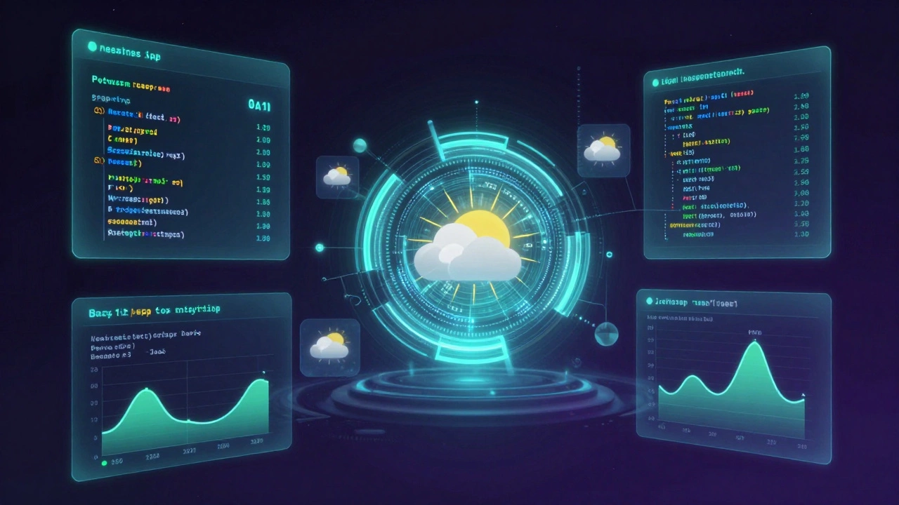 Холографическая панель с данными погоды и кодом Python, анализирующим поведение пользователей.