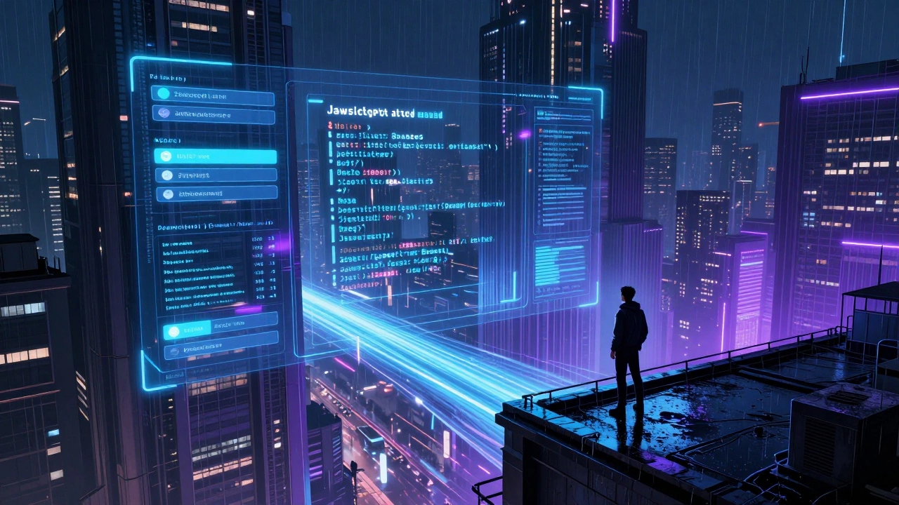 Ночной город с неоновыми интерфейсами, где JavaScript-код течёт как реки между зданиями.