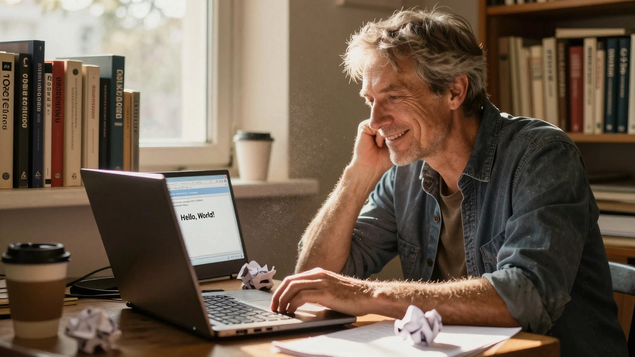 Опытный разработчик смотрит на простую программу &#039;Привет, мир&#039; на старом ноутбуке, вокруг — книги и чашки кофе.
