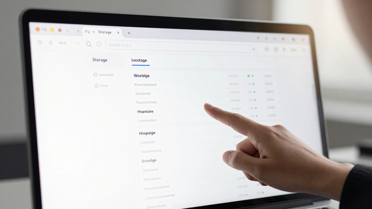 Панель разработчика браузера с открытым разделом хранилища, показывающий куки и localStorage.