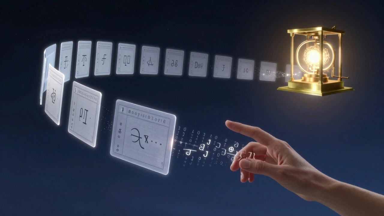 Плавающие перфокарты с алгоритмом формируют путь к абстрактной вычислительной машине, символизируя начало программирования.