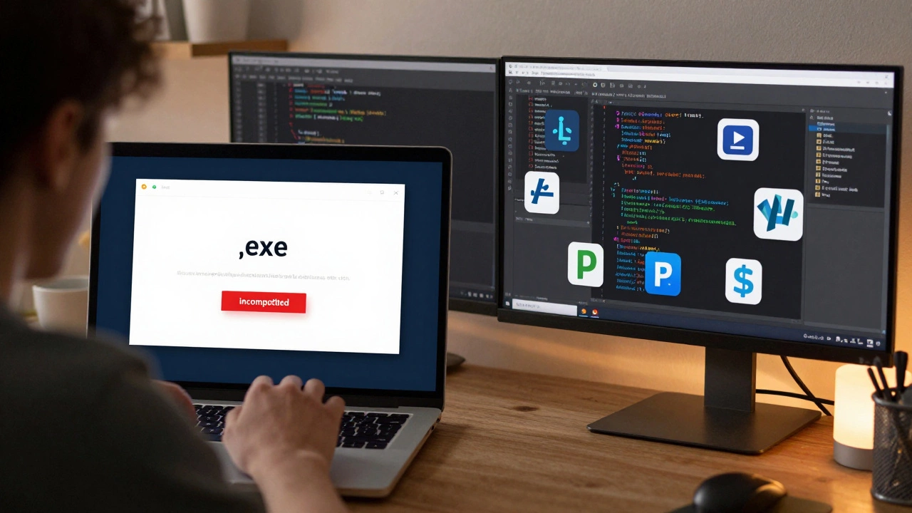 Пользователь не может открыть .exe на Mac, в то время как разработчик пишет код в редакторе с подсветкой инструментов.