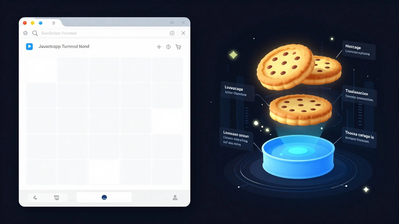Разделенный экран: слева — пустой сайт, справа — скрытые данные в виде светящихся хранилищ.