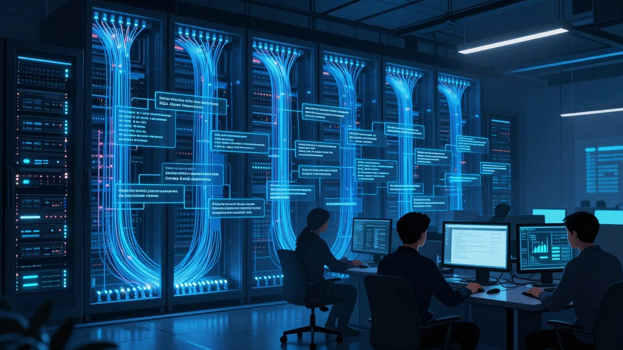 Серверная комната с потоками данных SQL, обслуживающая банковские и государственные системы.