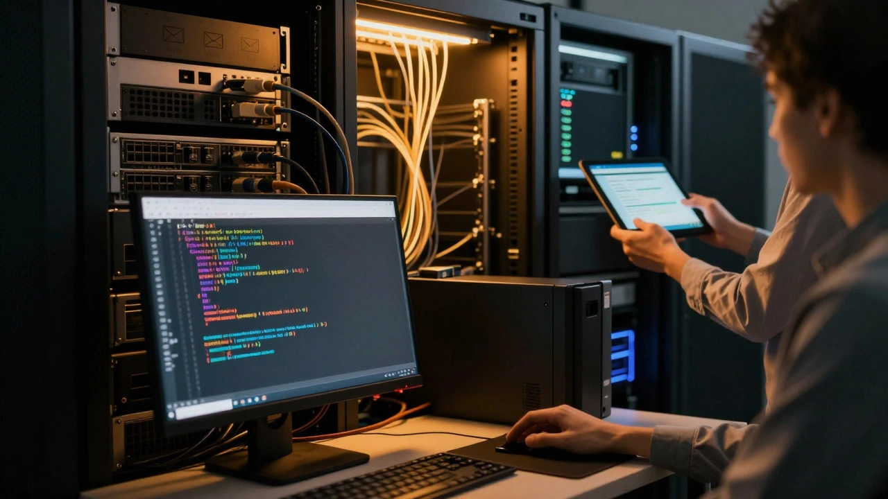 Серверная стойка с кодом PHP и потоками данных, подключенная к базе данных и почтовой системе.