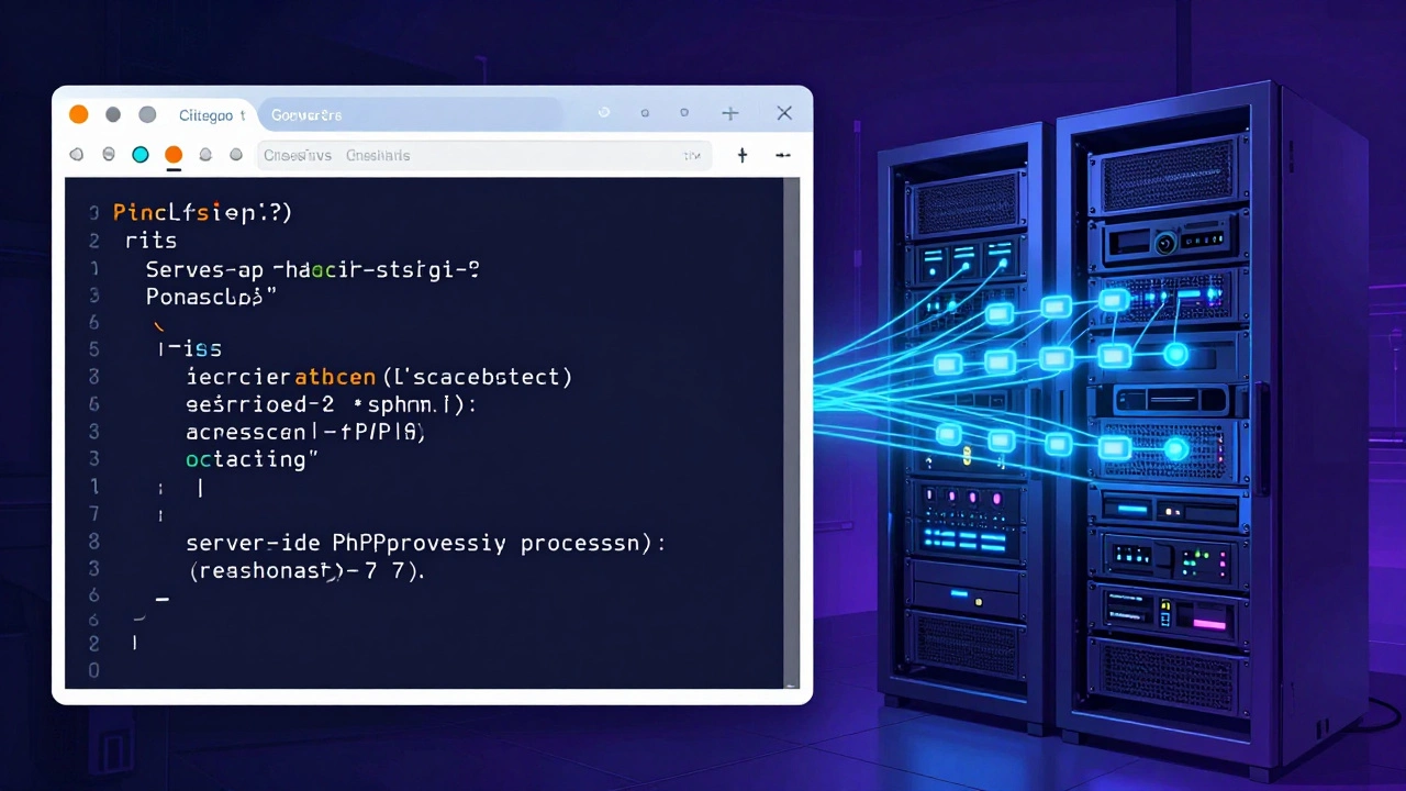 Слева — код JavaScript в браузере, справа — сервер с передачей данных, в стиле киберпанк.