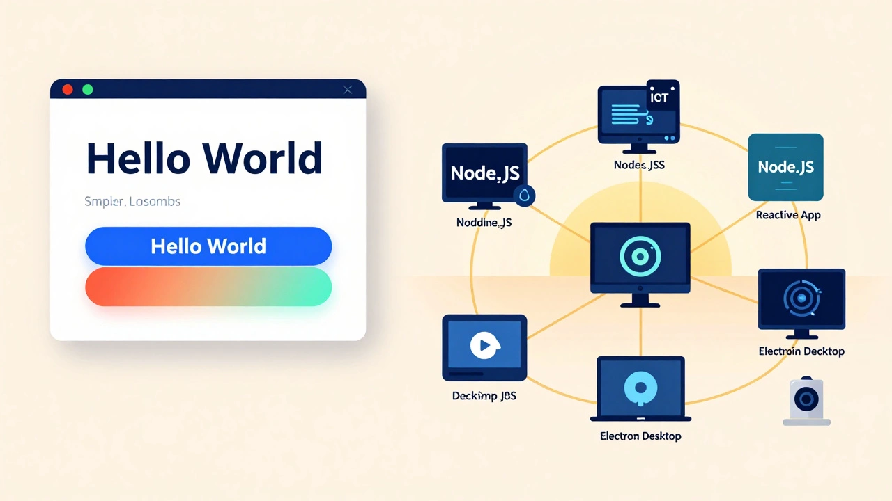 Сравнение: новичок учит JavaScript слева, а справа — тот же код работает в сложных системах.
